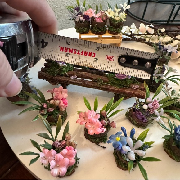 Vintage handmade dollhouse miniature wood potted plants bench branches flowers - Picture 8 of 13
